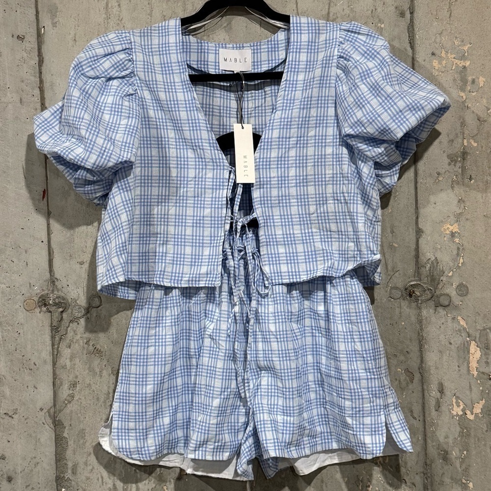 Mable NWT Small Blue Gingham Arleth Stripe Blouse And Shorts Set Puff Sleeve Tie